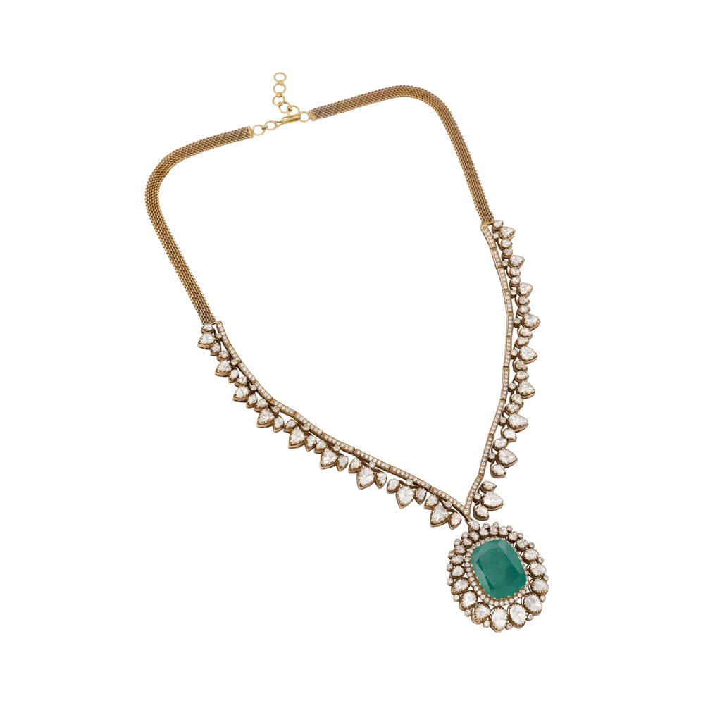 Emerald Pendant Necklace and Earring Set with Diamond Highlights